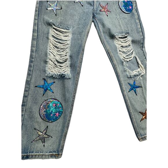 LF Taigwah Jeans Size 12 Star And Moon Denim Distressed Sequined - Picture 8 of 9